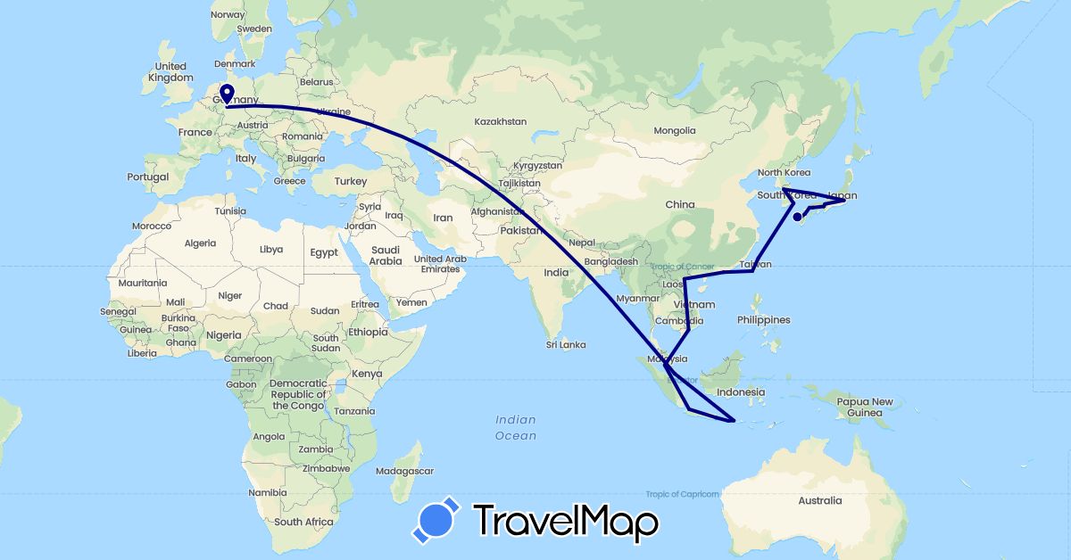 TravelMap itinerary: driving in China, Germany, Indonesia, Japan, South Korea, Malaysia, Singapore, Taiwan, Vietnam (Asia, Europe)